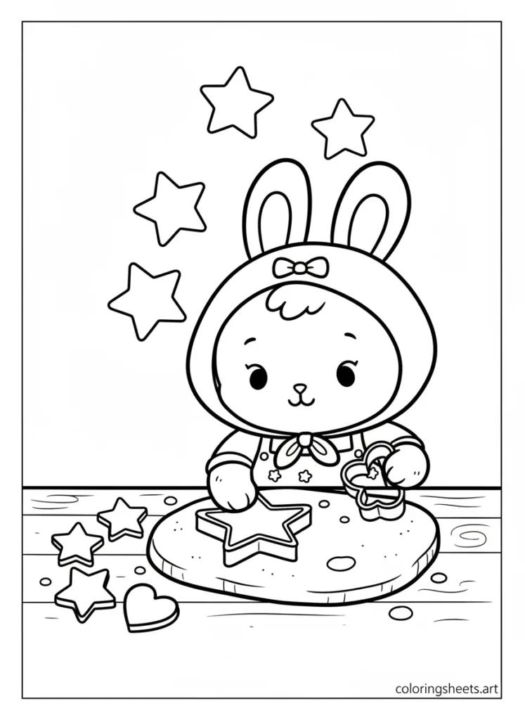 My Melody cutting cookies with star and heart cookie cutters coloring page