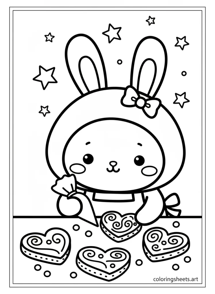 My Melody decorating heart shaped cookies with icing coloring page