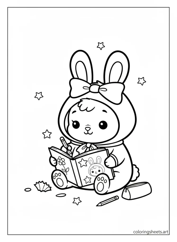 My Melody drawing little pictures in her sketchbook coloring page
