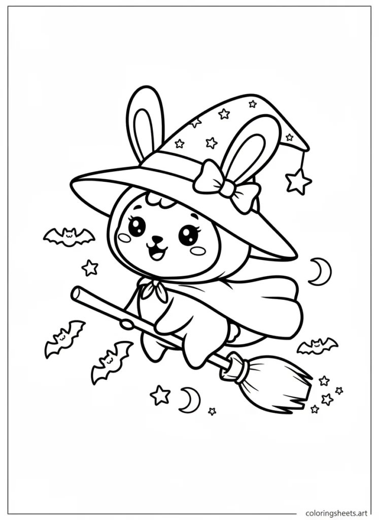 My Melody dressed as a sweet little witch with a broomstick coloring page