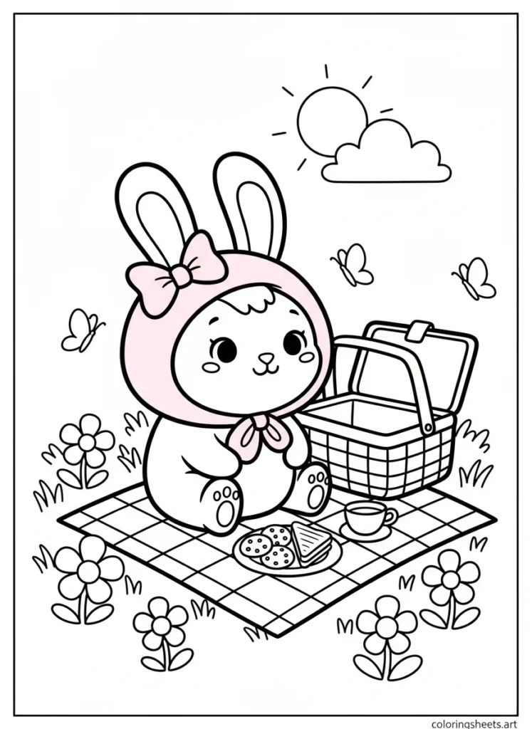 My Melody having a sweet picnic on a sunny day coloring page