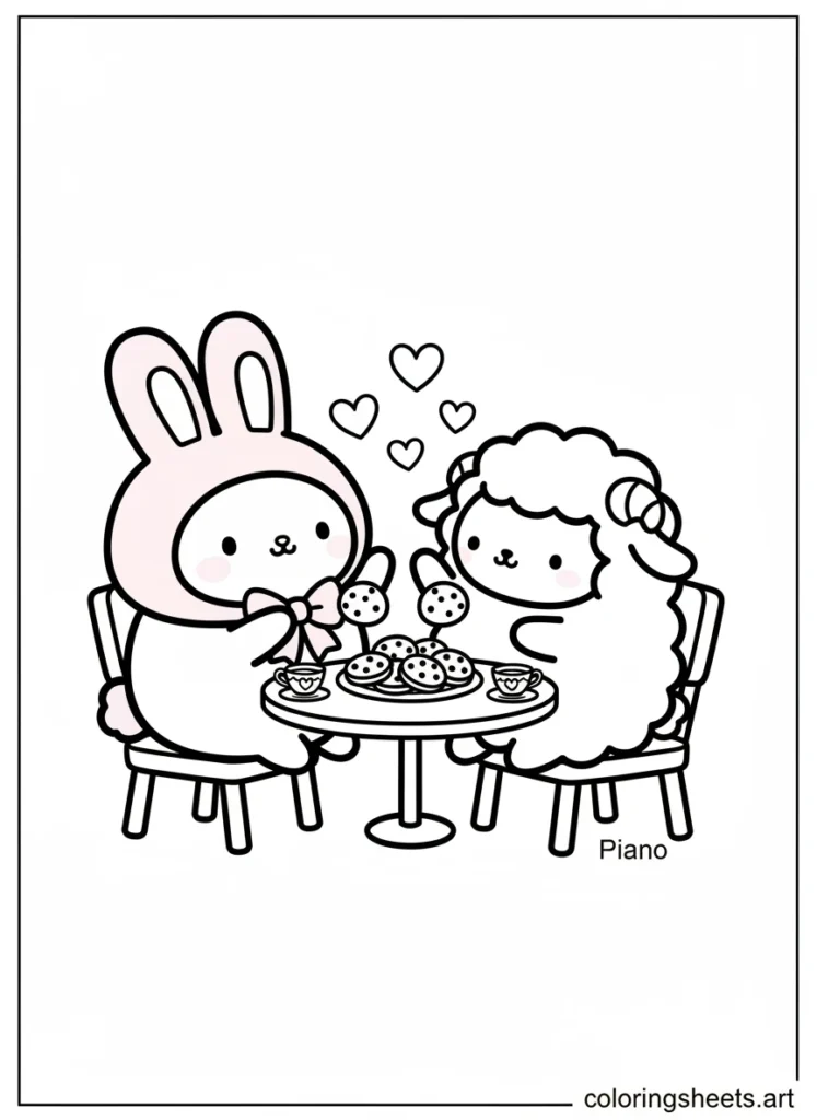 My Melody and Piano the lamb sharing cookies together coloring page