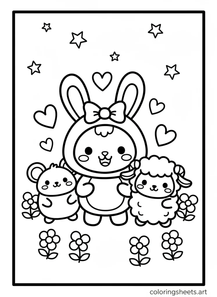 My Melody with Flat and Piano all three friends together coloring page
