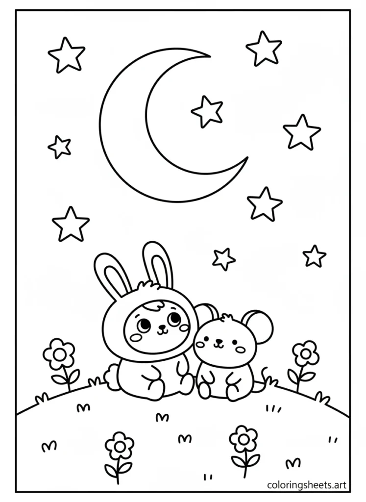 My Melody and Flat looking at stars on a quiet night coloring page