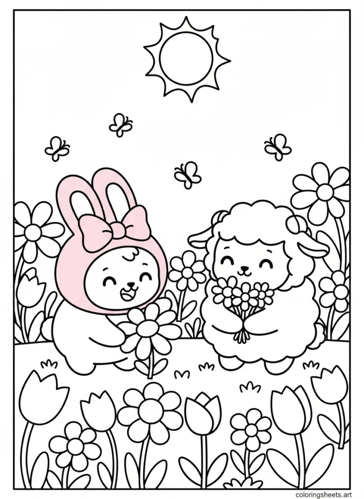 My Melody and Piano the lamb picking flowers together coloring page