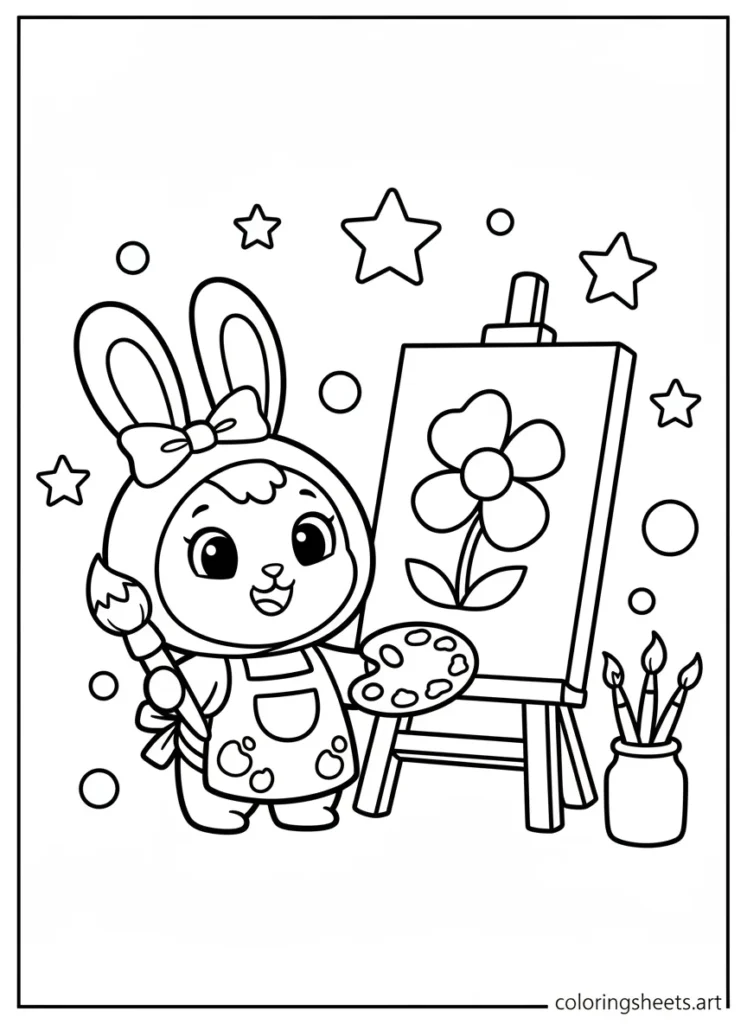 My Melody painting a picture on a canvas coloring page