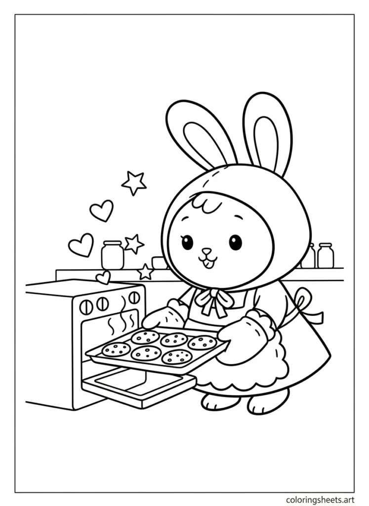 My Melody pulling fresh cookies out of the oven coloring page