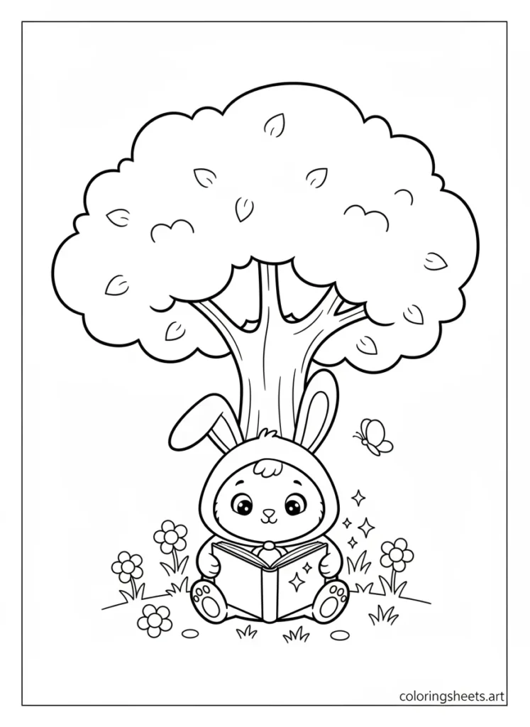 My Melody reading a big book under a tree coloring page