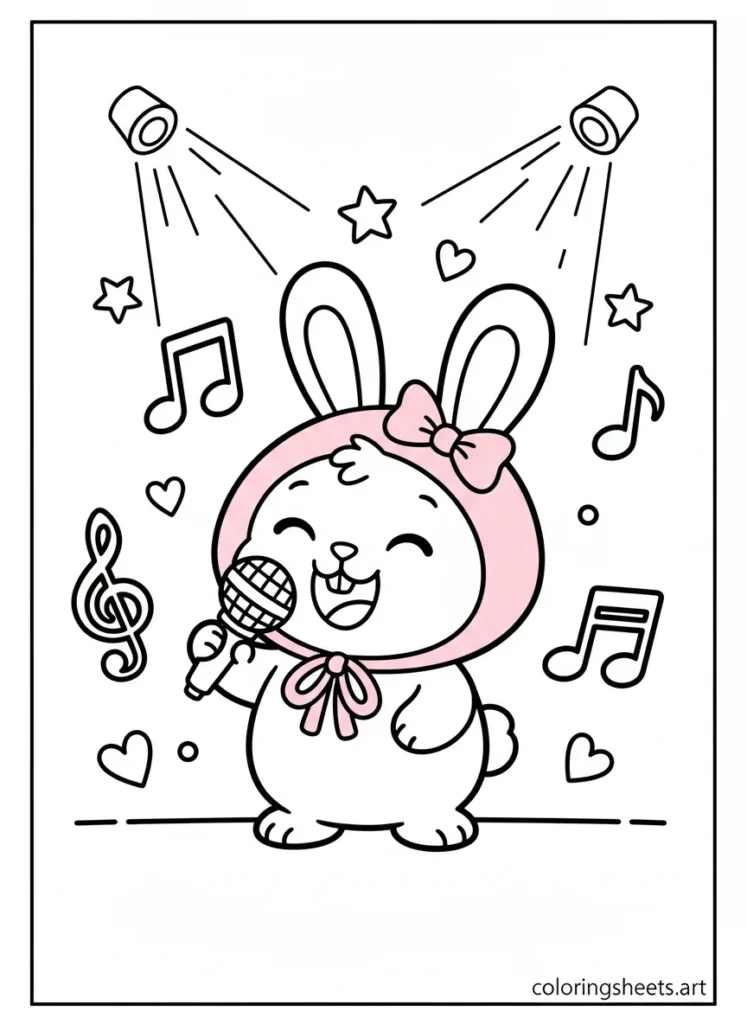My Melody singing into a microphone on stage coloring page