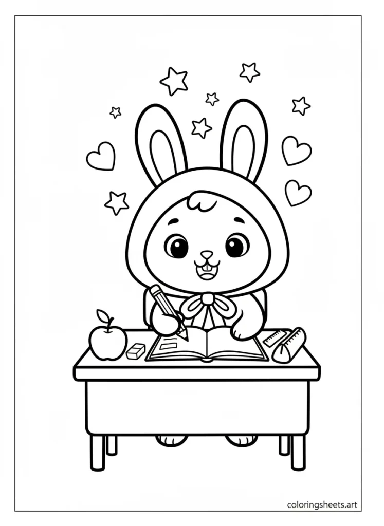 My Melody sitting at a cute school desk coloring page for kids