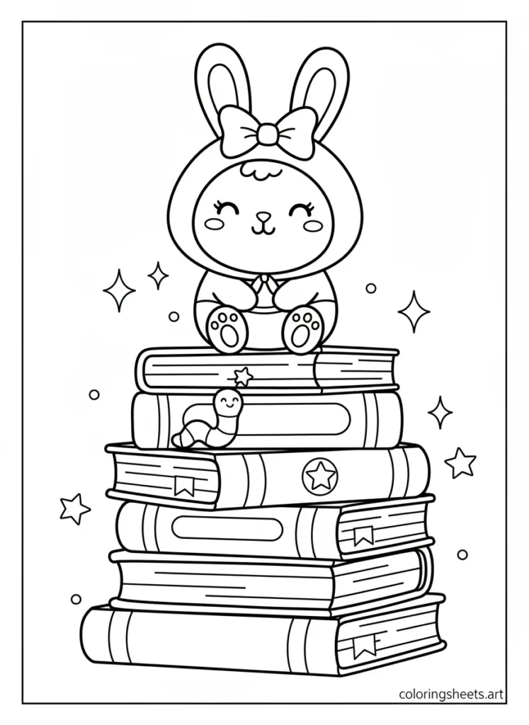 My Melody sitting on a tall stack of books reading coloring page