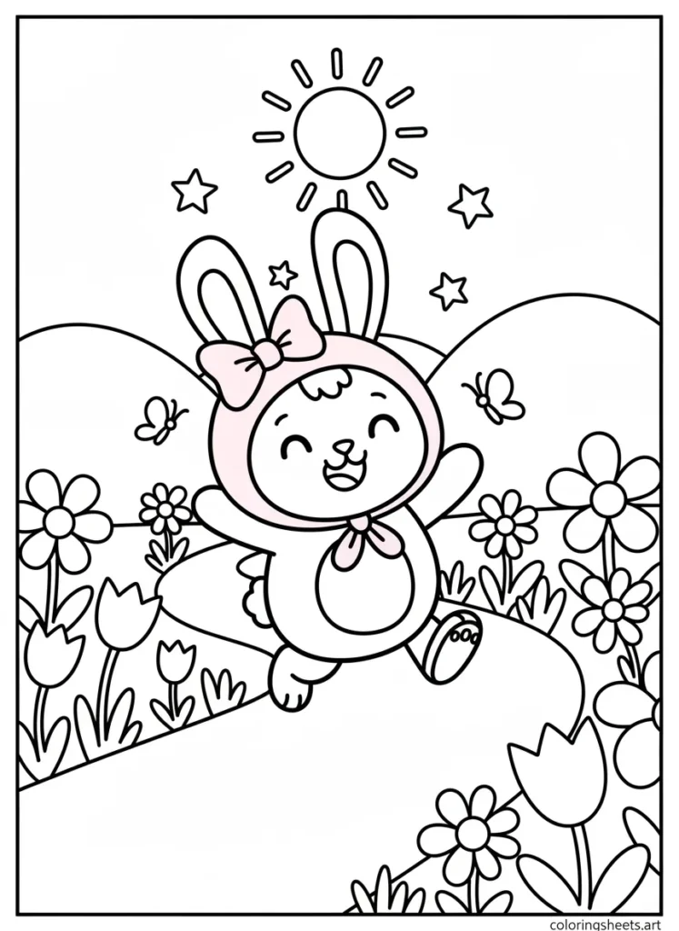 My Melody skipping happily down a winding path coloring page