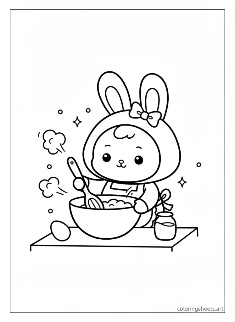 My Melody stirring a big mixing bowl of cookie dough coloring page