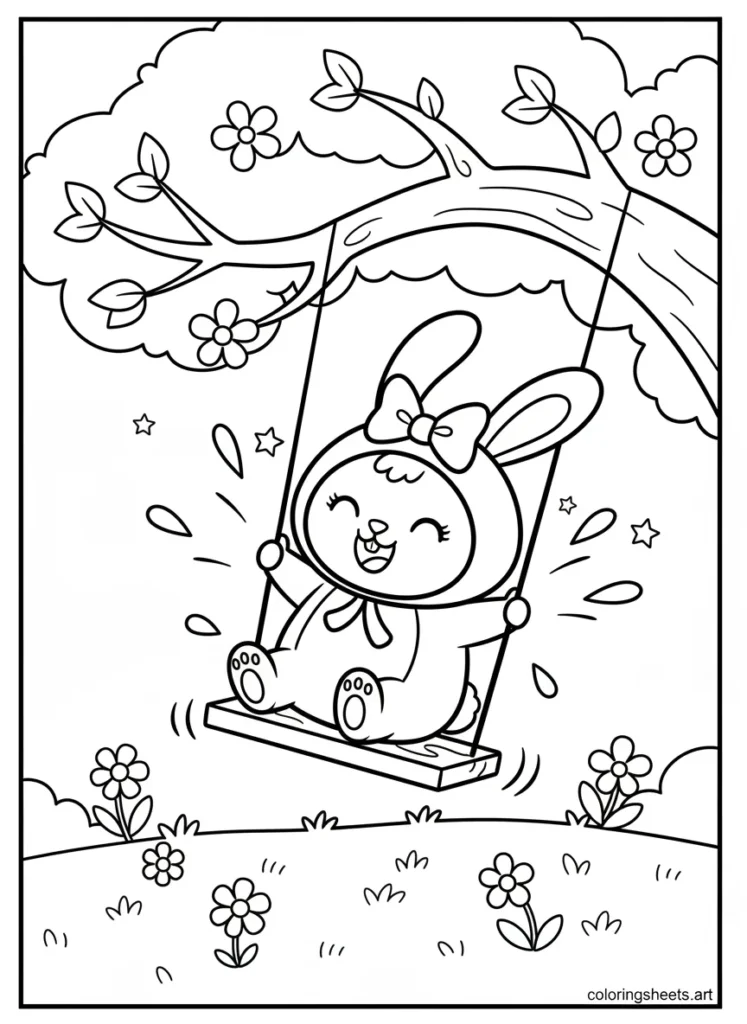My Melody swinging on a flower garden swing coloring page
