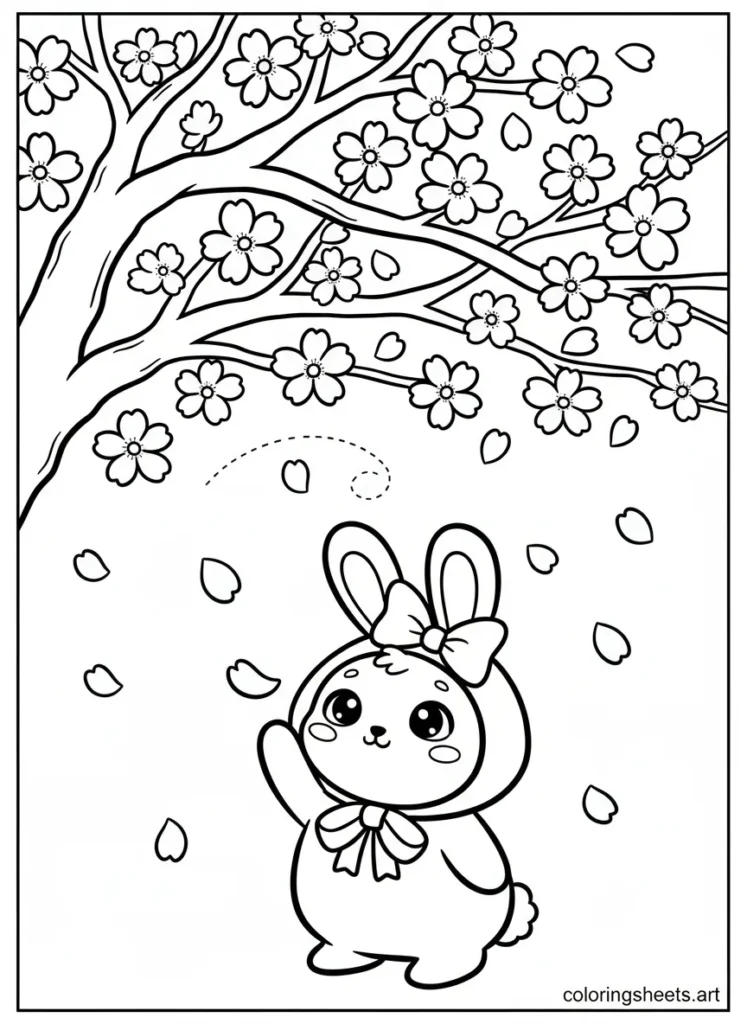 My Melody watching cherry blossom petals fall in the wind coloring page