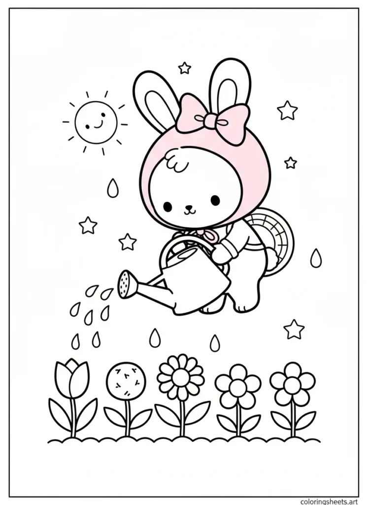 My Melody watering her sweet garden with a watering can coloring page