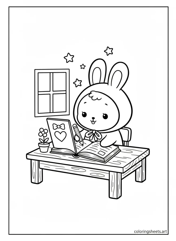 My Melody writing in her pink diary coloring page