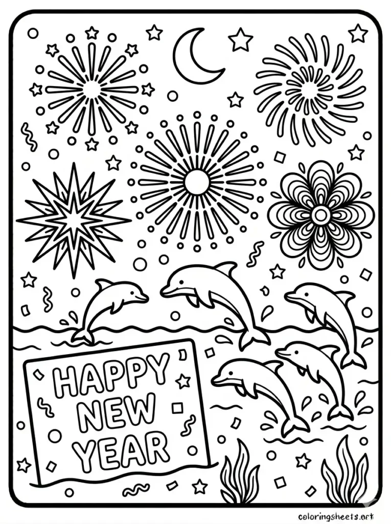 Free printable ocean coloring pages for kids for New Year with fireworks and dolphins