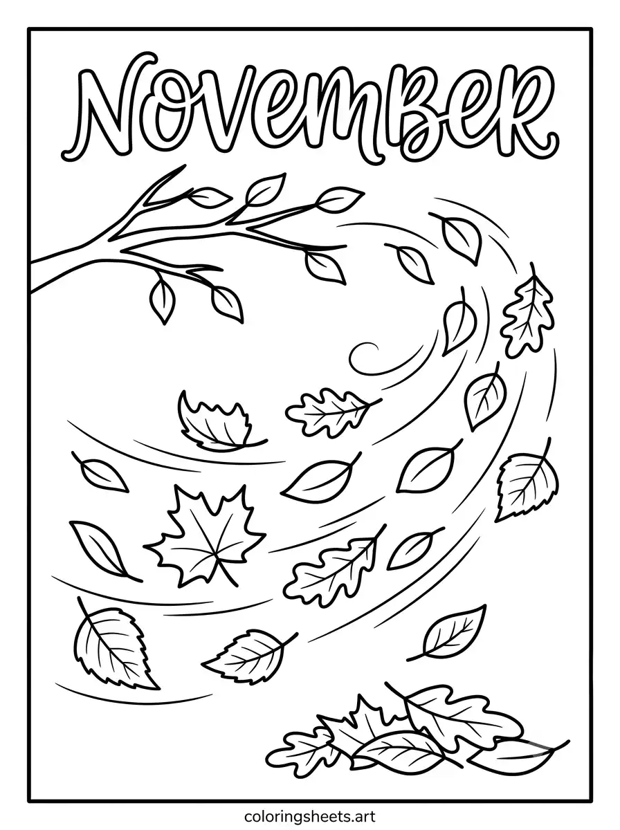 Autumn leaves blowing in November wind coloring page for toddlers simple