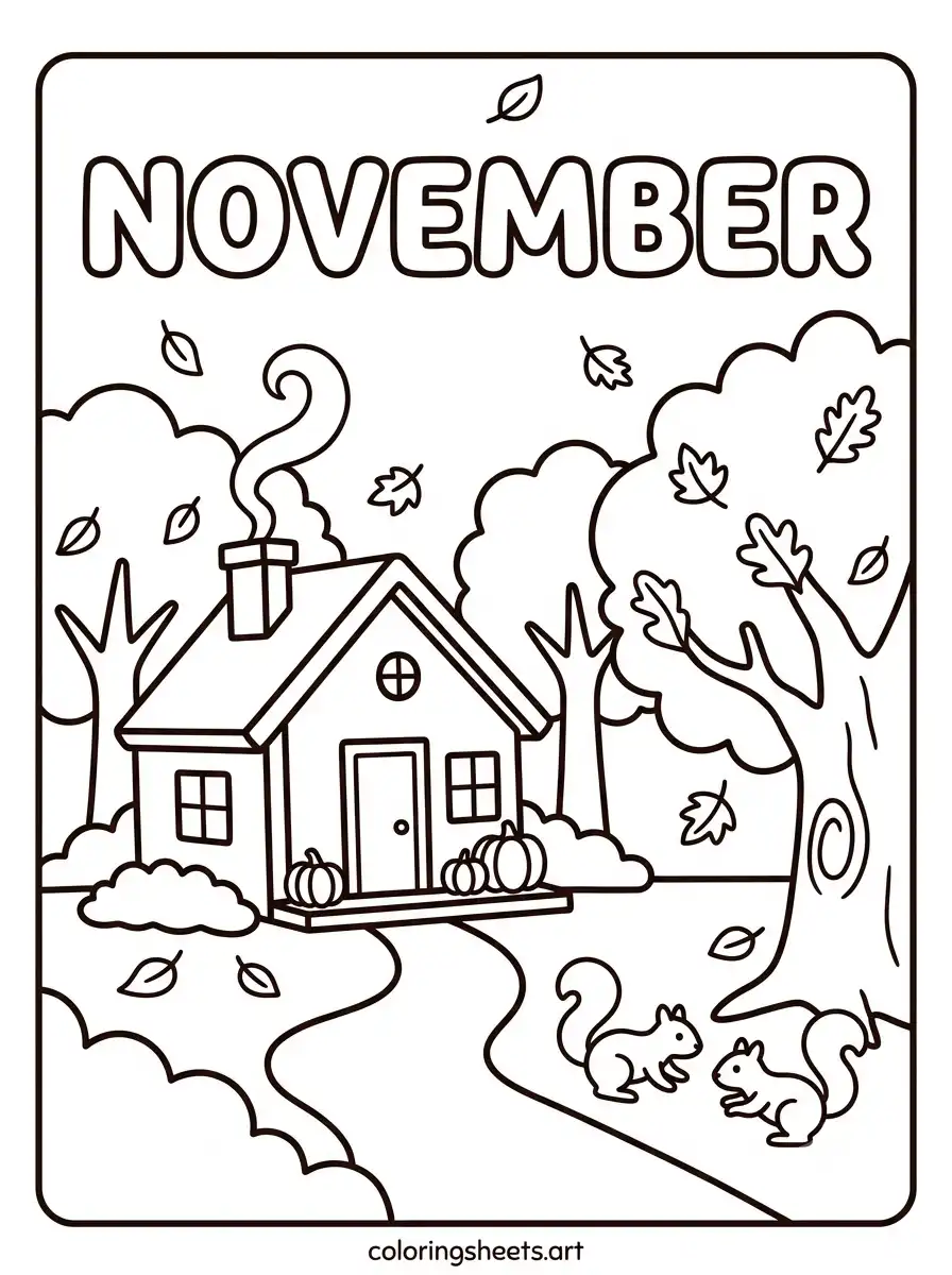Cozy cabin in autumn woods with falling leaves and squirrels November coloring page for kids