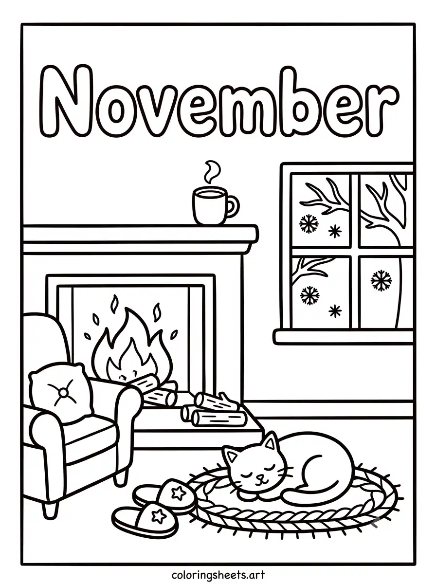 Cozy November fireplace with cat and hot cocoa coloring page for kids printable