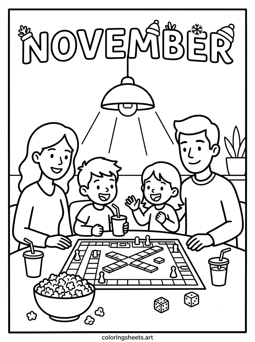 Family game night November coloring page for kids free printable