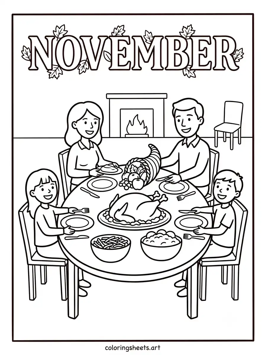 Family Thanksgiving dinner gathering November coloring page PDF free