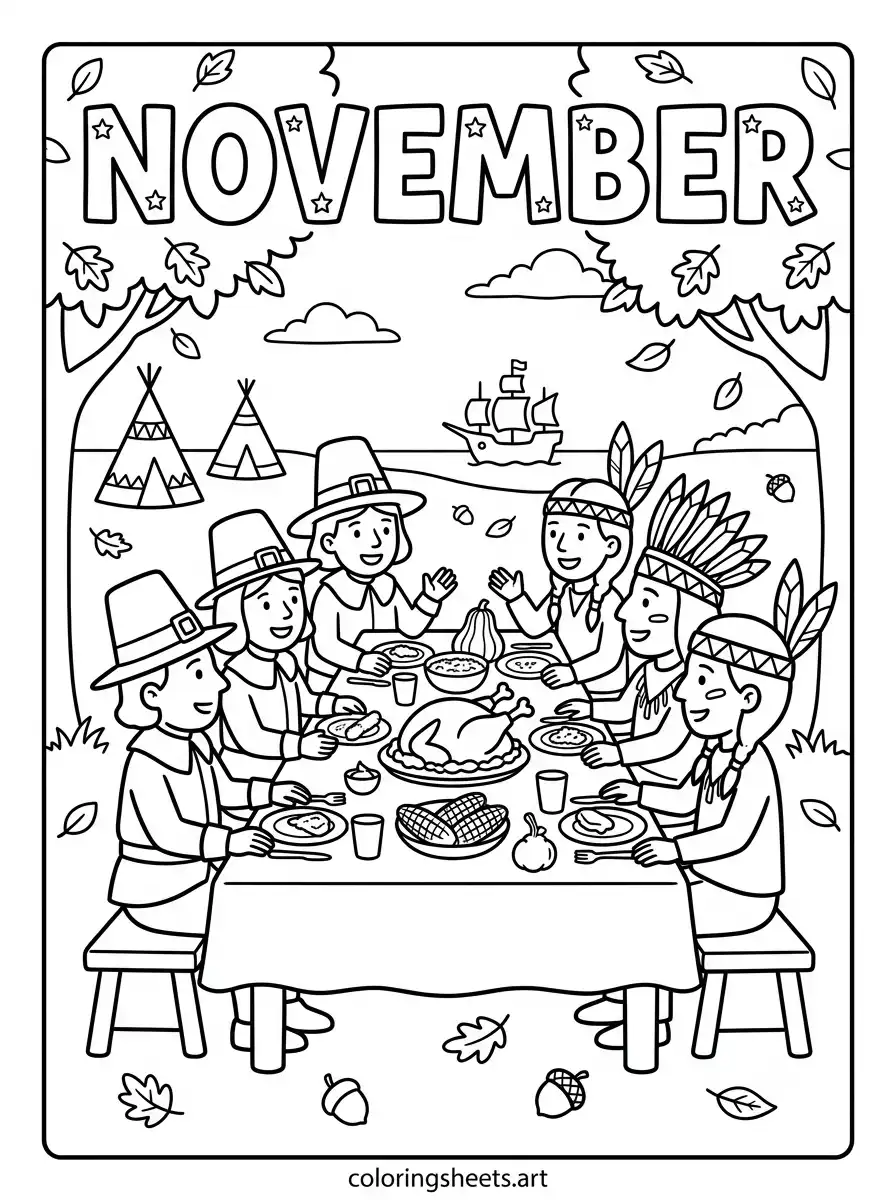 First Thanksgiving feast Pilgrims and Native Americans November coloring page free