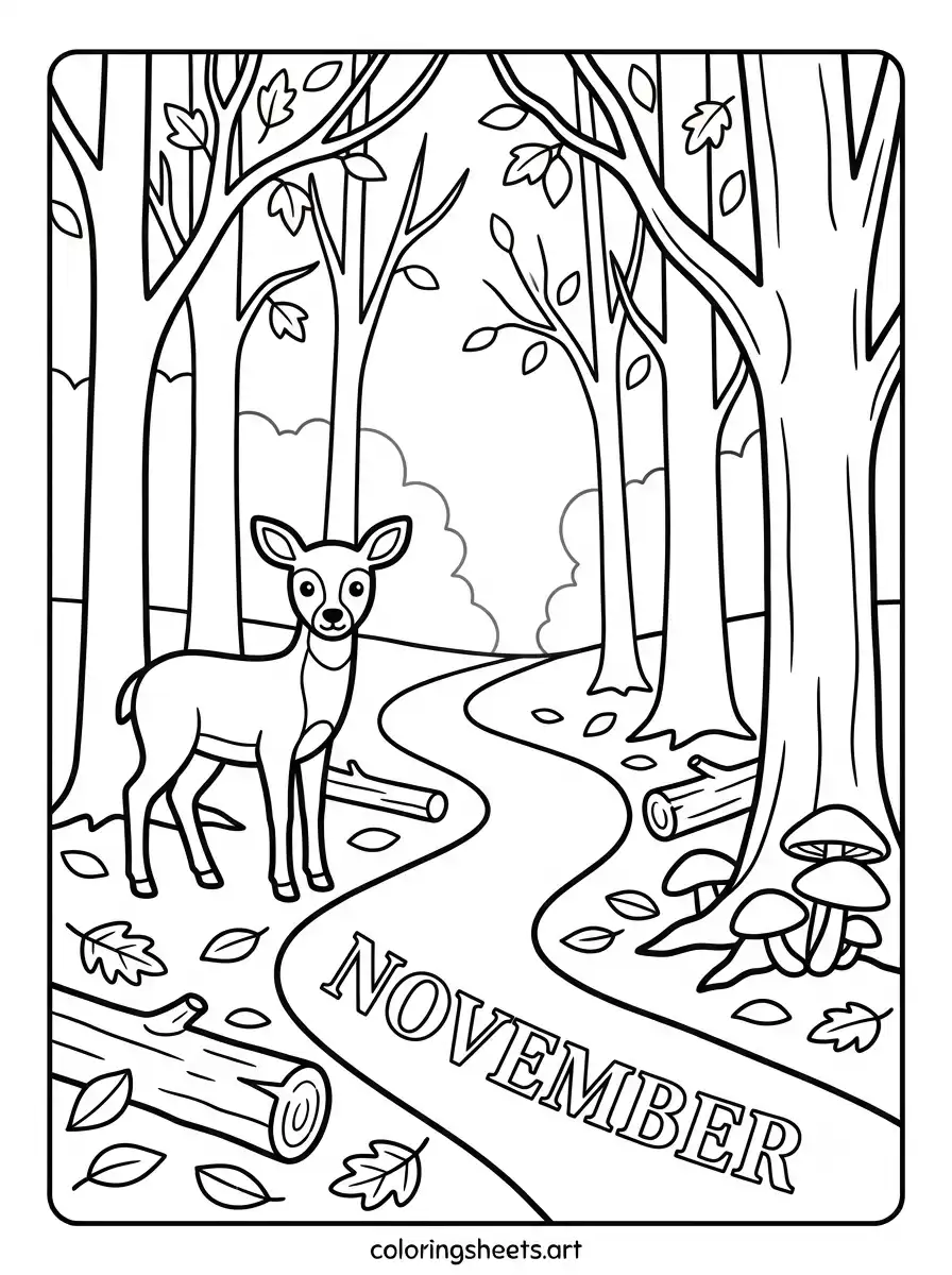 Foggy November forest path with deer and mushrooms coloring page for kids