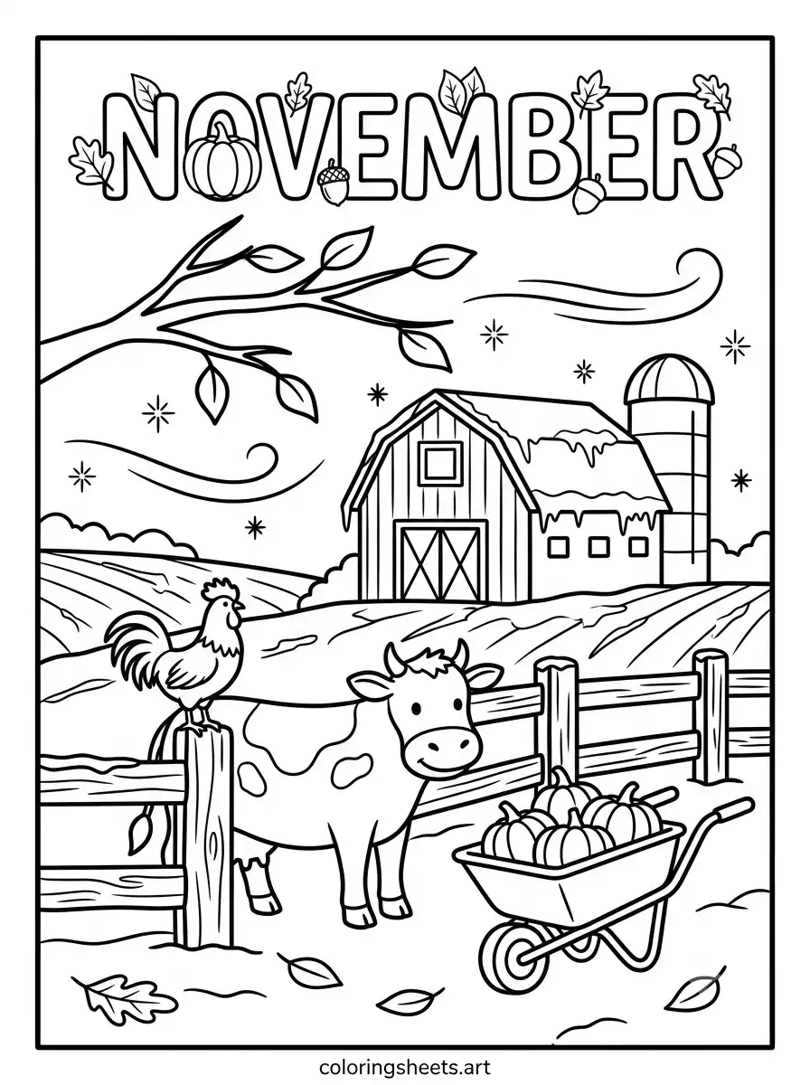 Frosty November morning farm with barn cow rooster and pumpkins coloring page