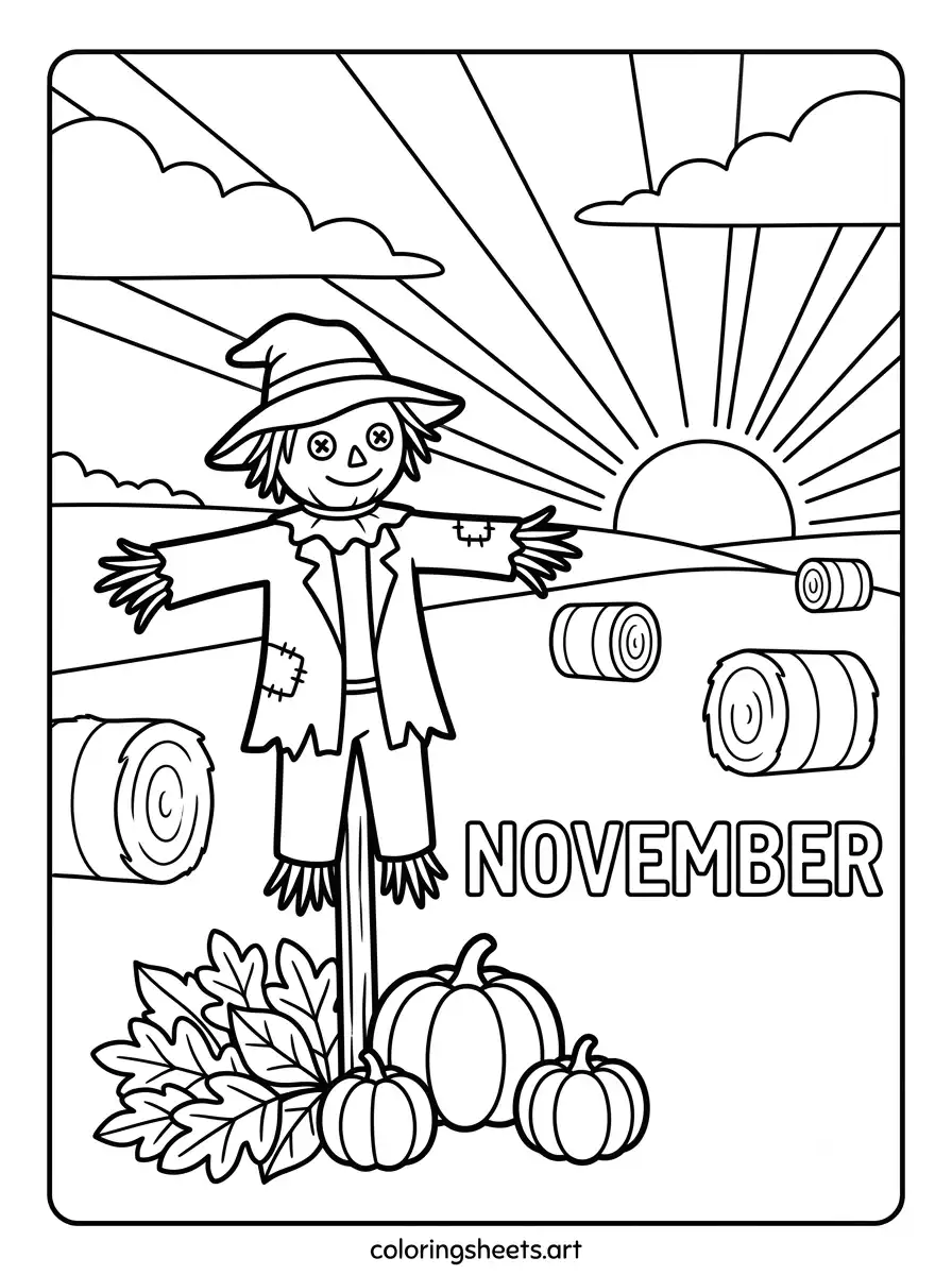 Golden November sunset over field with scarecrow and pumpkins coloring page free