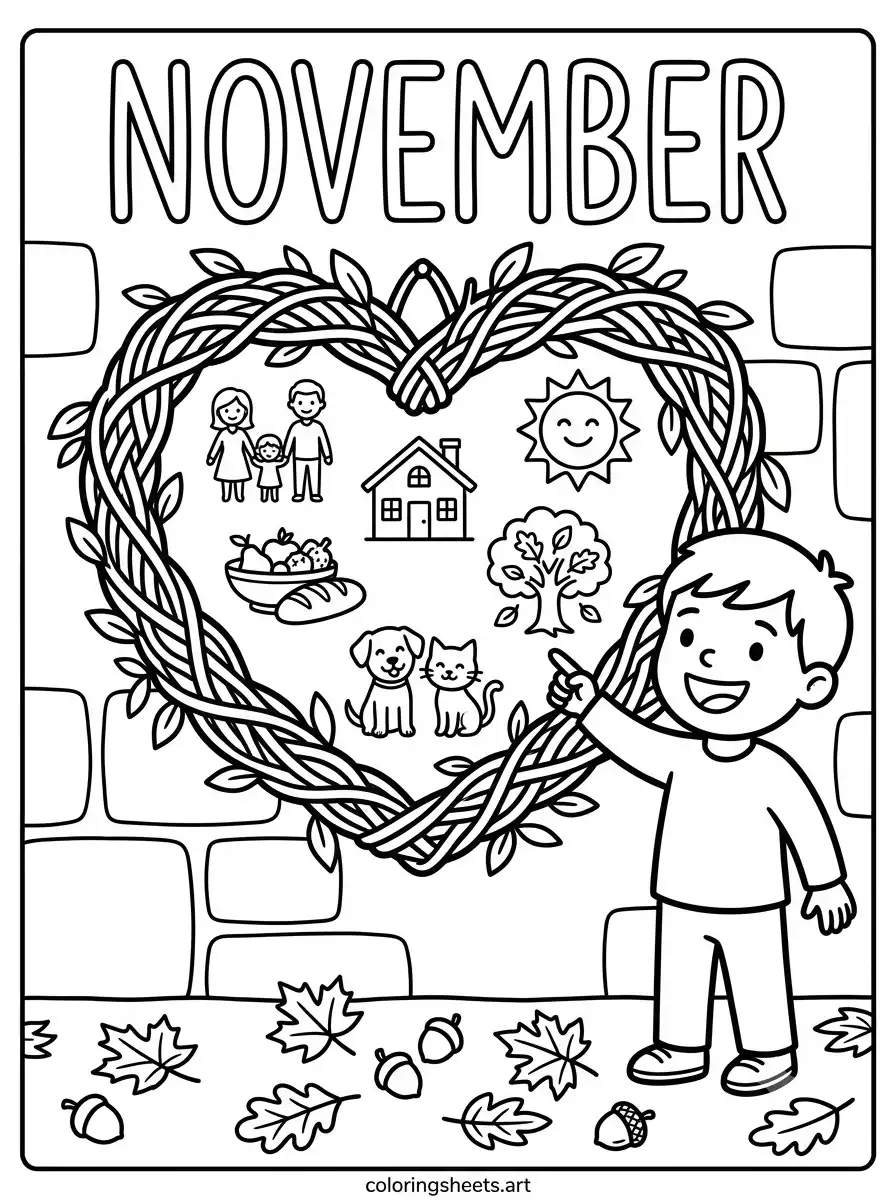 Grateful hearts Thanksgiving wreath November coloring page for toddlers