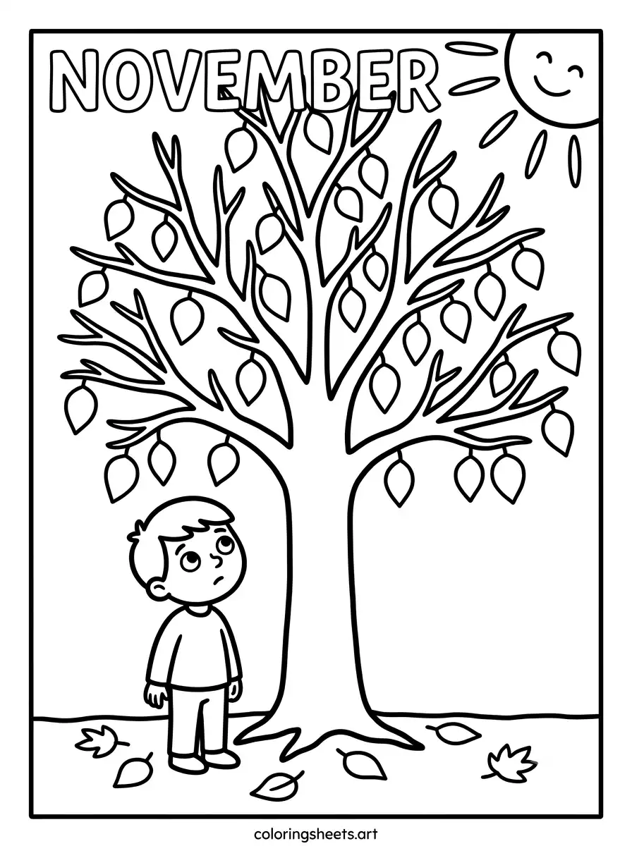 November gratitude tree with blank leaves coloring page for kids free