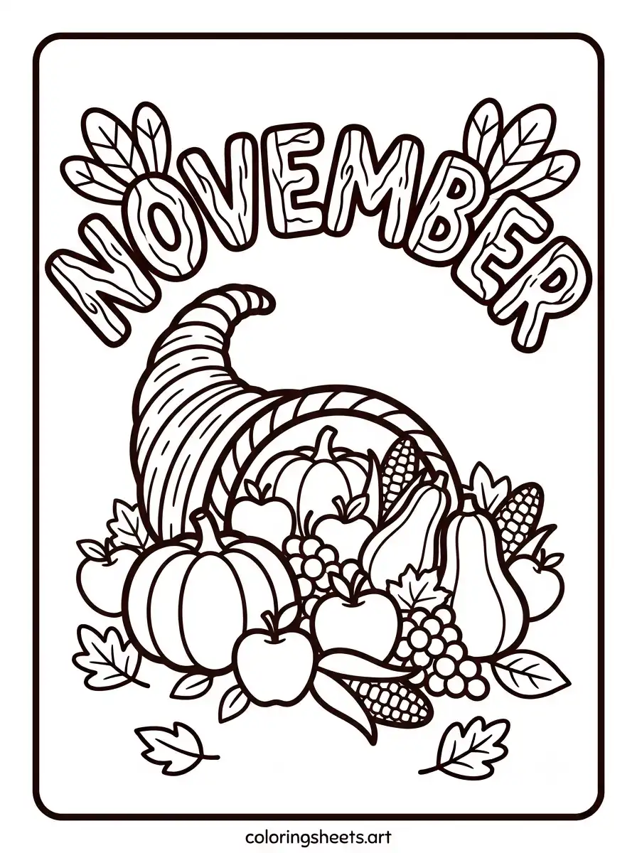 November harvest cornucopia with fruits and vegetables coloring page for kids