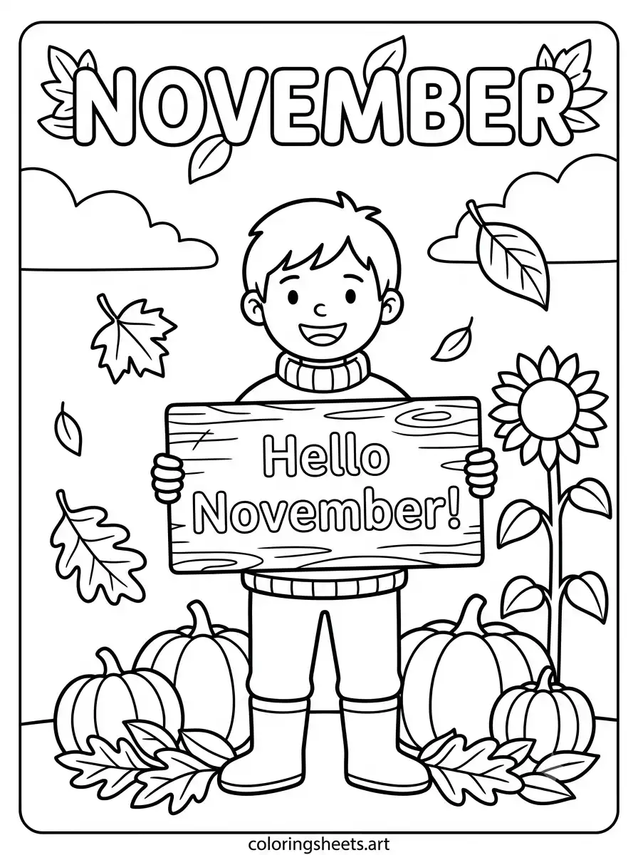 Hello November celebration coloring page for kids free PDF