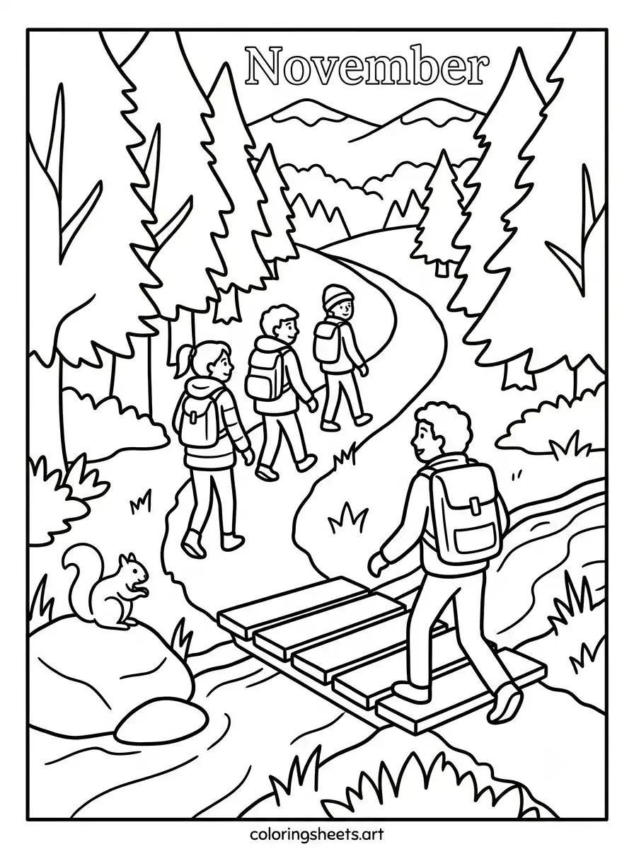 November hiking adventure with friends and autumn trees coloring page