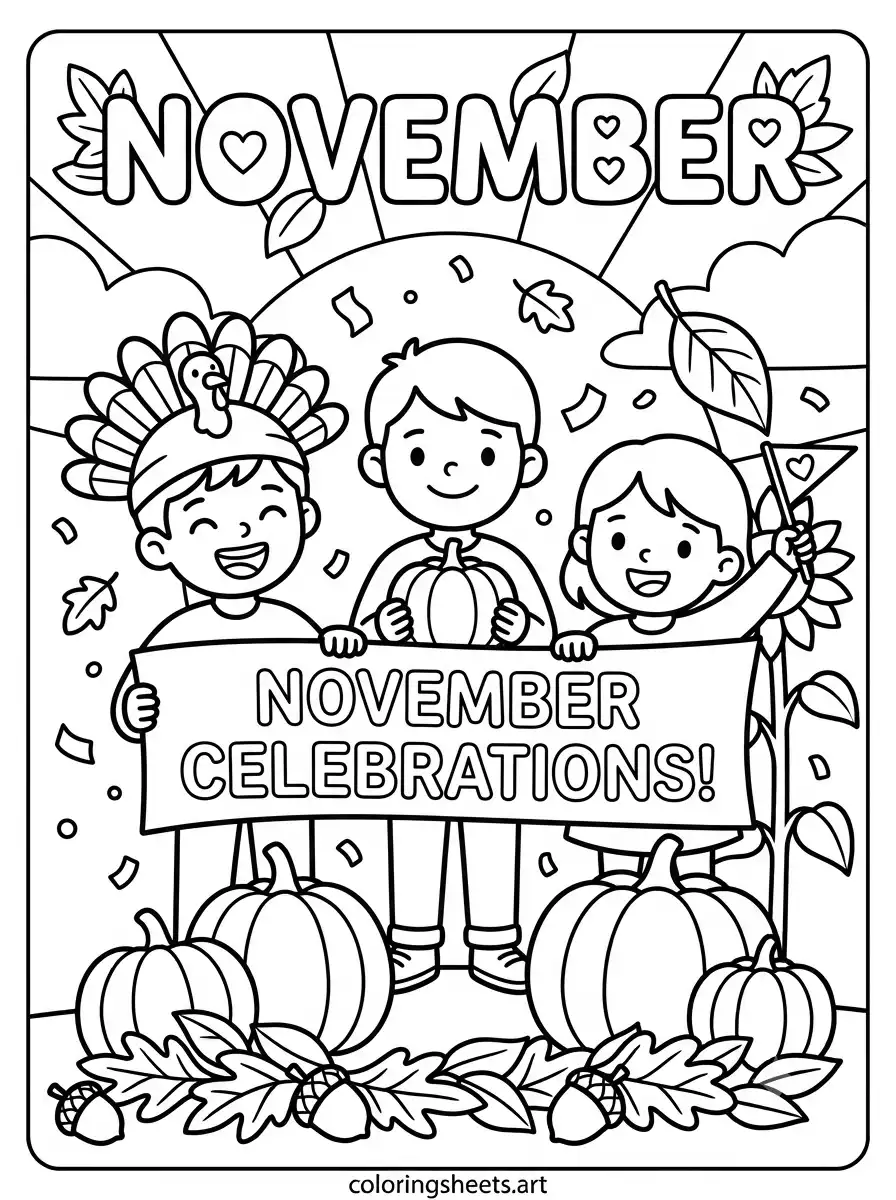 November celebrations banner with children coloring page free