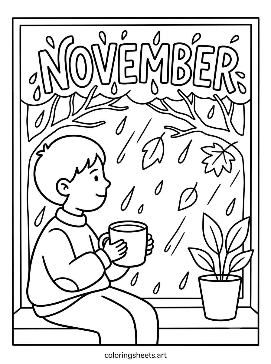 Rainy November window watching with child and cozy sweater coloring page