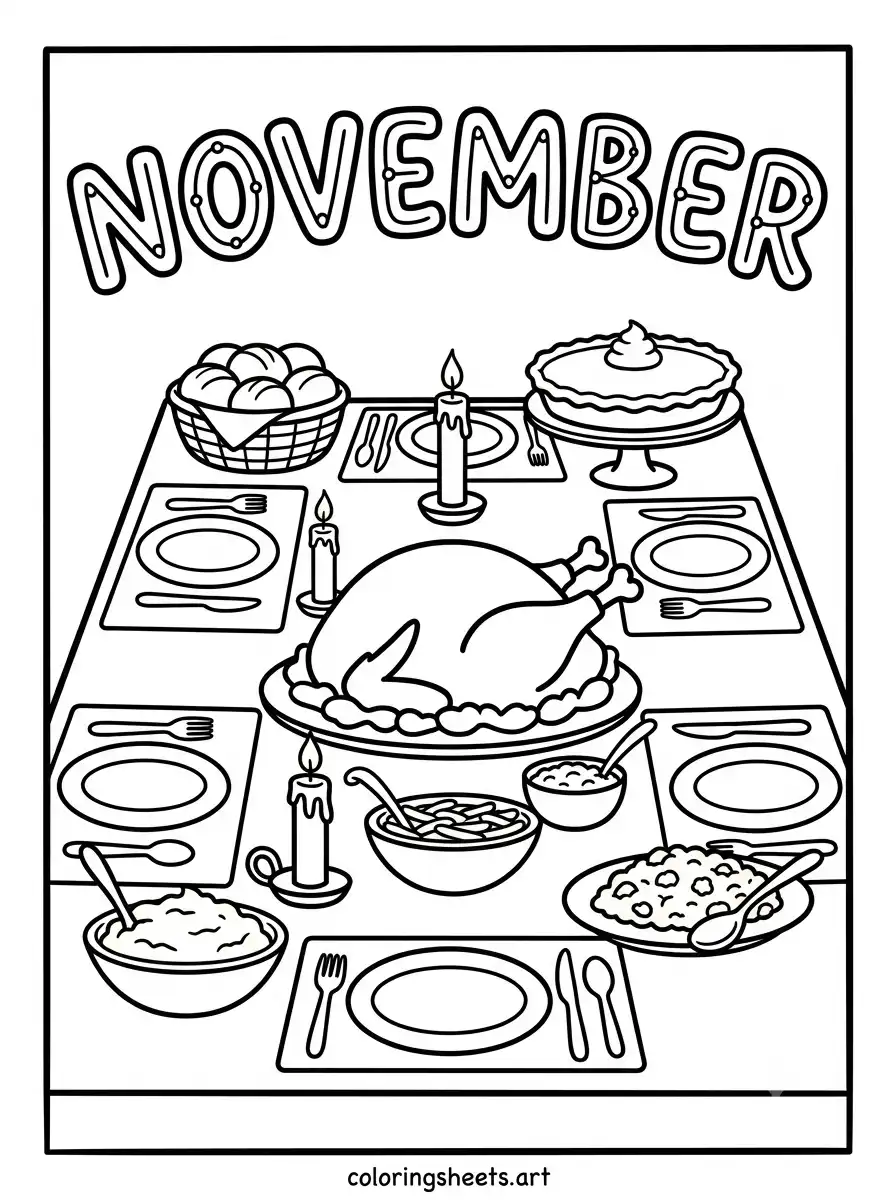 Thanksgiving feast dinner table November coloring page for kids free printable