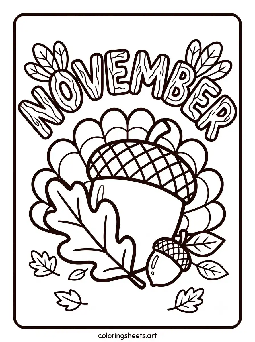 November acorn and oak leaf coloring sheet free printable