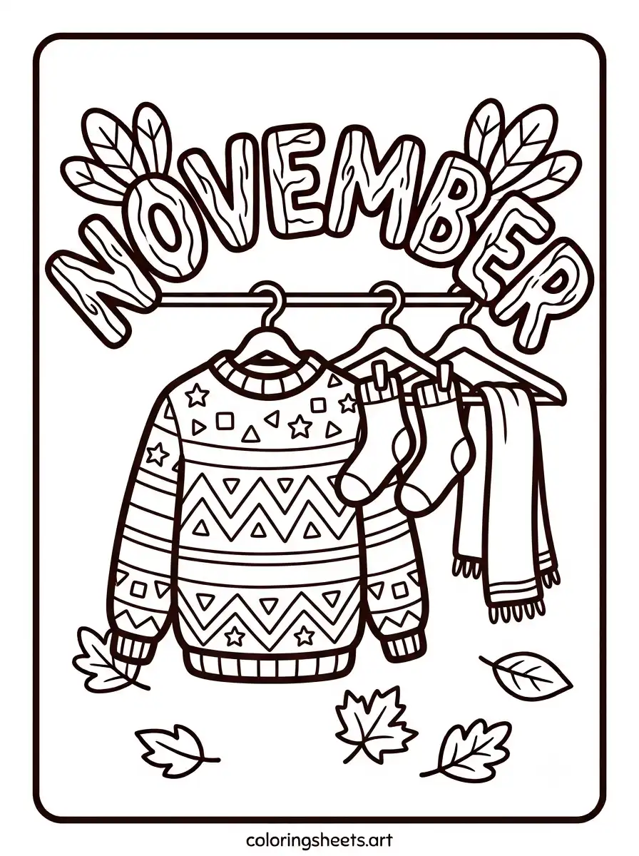 November cozy sweater pattern coloring sheet for kids printable