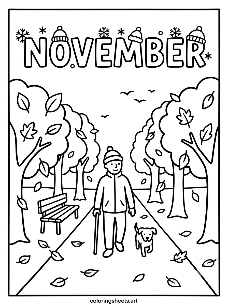 November fall walk with dog and colorful trees coloring sheet for toddlers