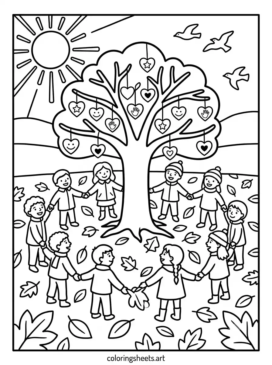 November gratitude celebration with children and thankful tree coloring sheet