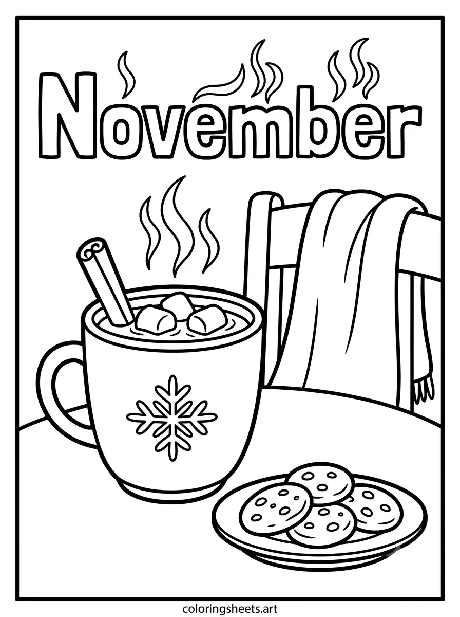 Hot cocoa time in November coloring sheet for kids free printable