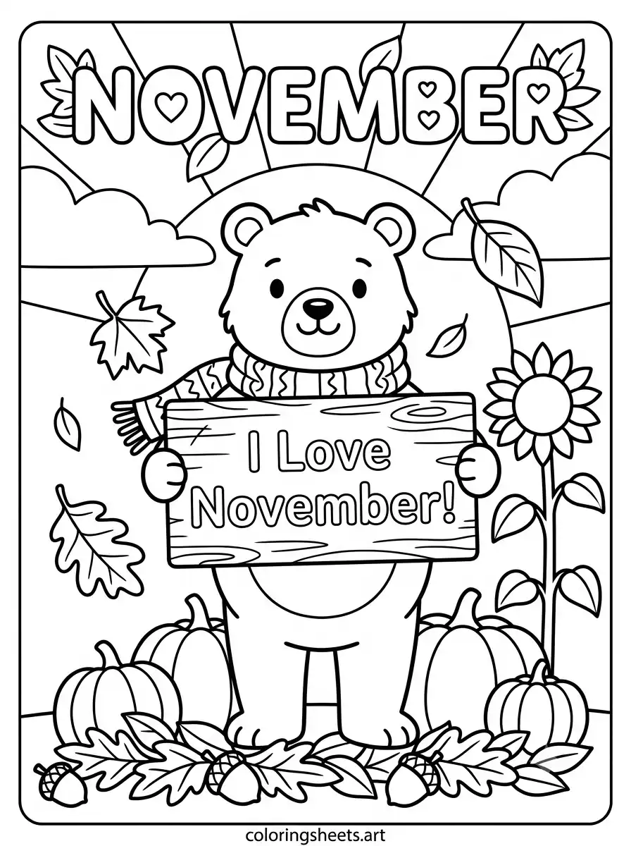 I Love November bear coloring sheet for toddlers simple