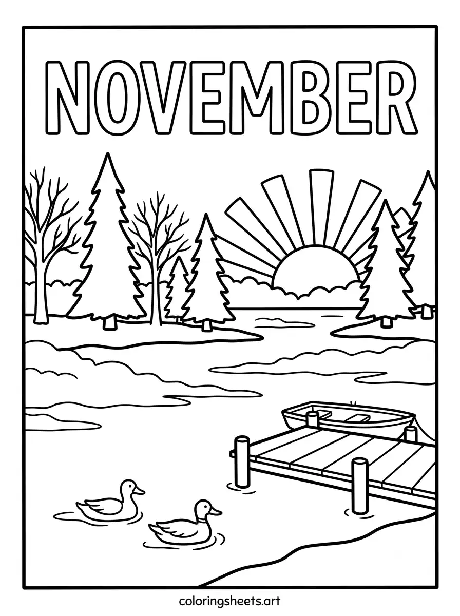 Peaceful November lake with morning fog ducks and rowboat coloring page printable
