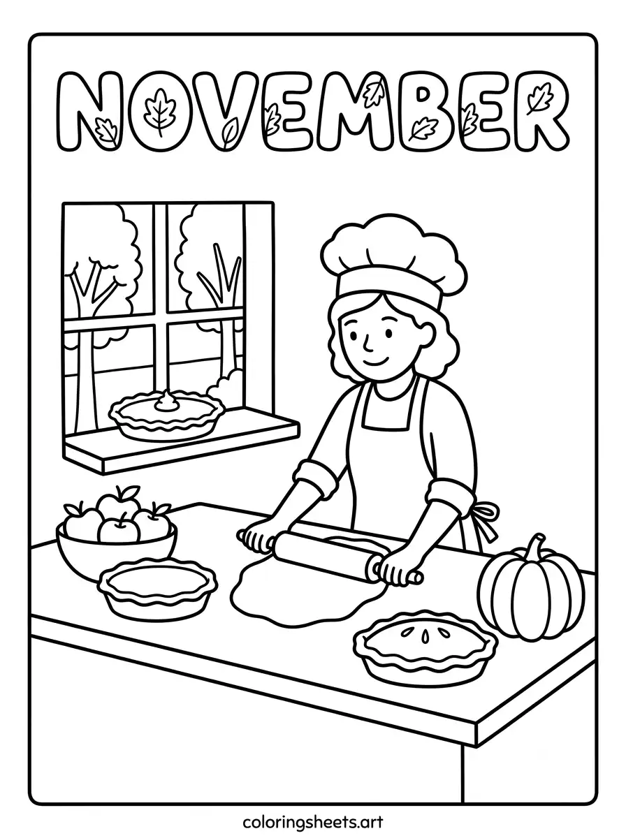 Pie baking in November kitchen coloring sheet for kids printable