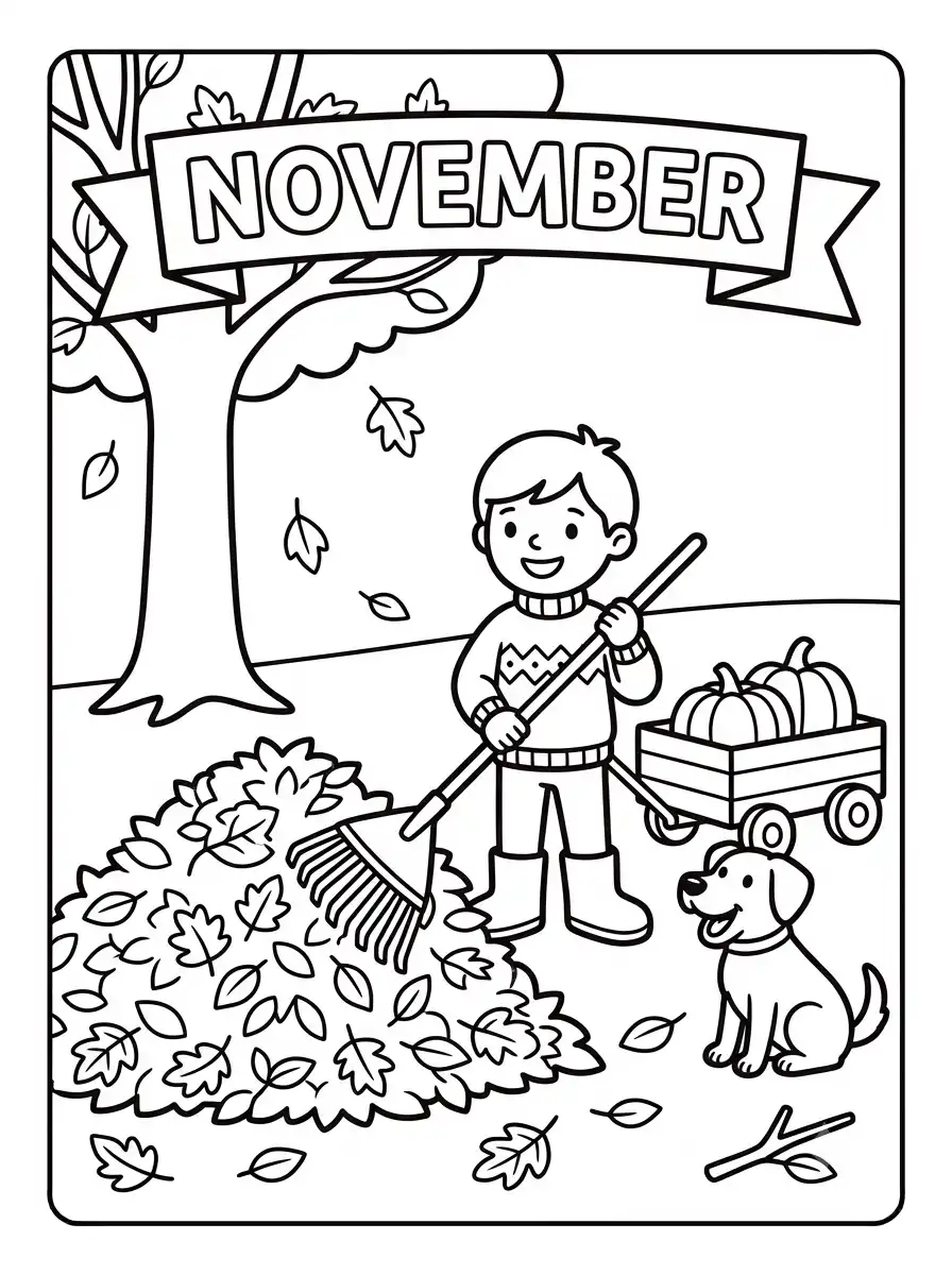 Child raking leaves in November coloring sheet for toddlers simple