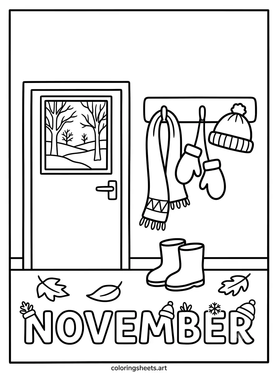 November scarf and mittens winter gear coloring sheet for kids