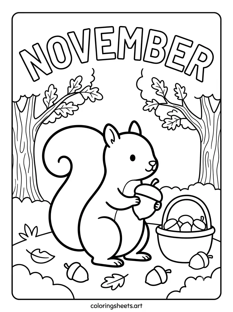 Cute squirrel gathering acorns in November coloring sheet for kids